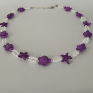 Purple and White Starfish and Turtle Necklace